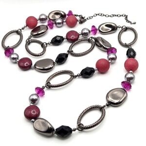 Premier Designs Mulberry Long Pink Purple Black Gunmetal Gray Necklace 36"